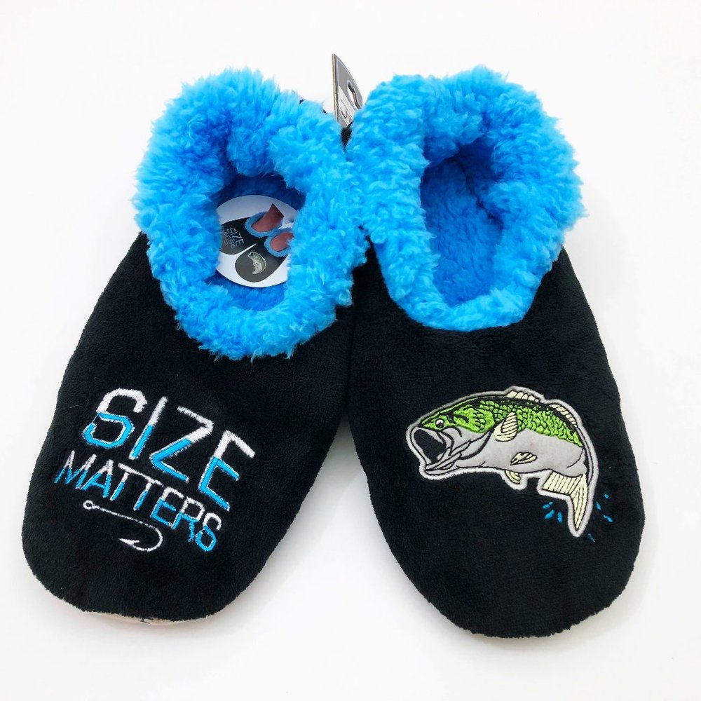 NWT Snoozies Men's Slippers Size Matters Fishing Medium 9/10 Black